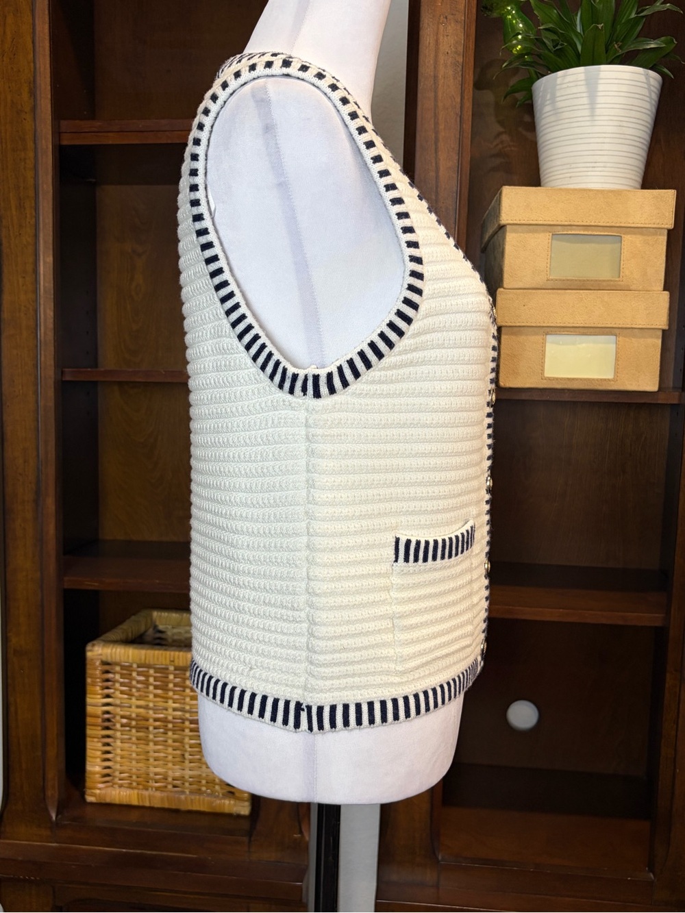 Joie Navy Ivory Textured Knit Sweater Vest Gold Button Coastal Chic | M - Picture 5 of 11